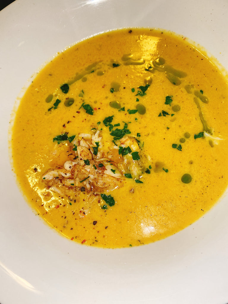 Curried butternut squash soup with brown butter crab