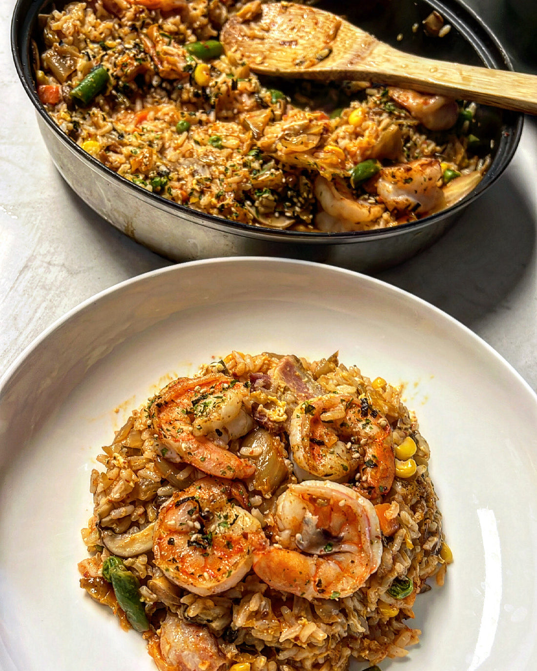 Kimchi Fried Rice with bacon and shrimp
