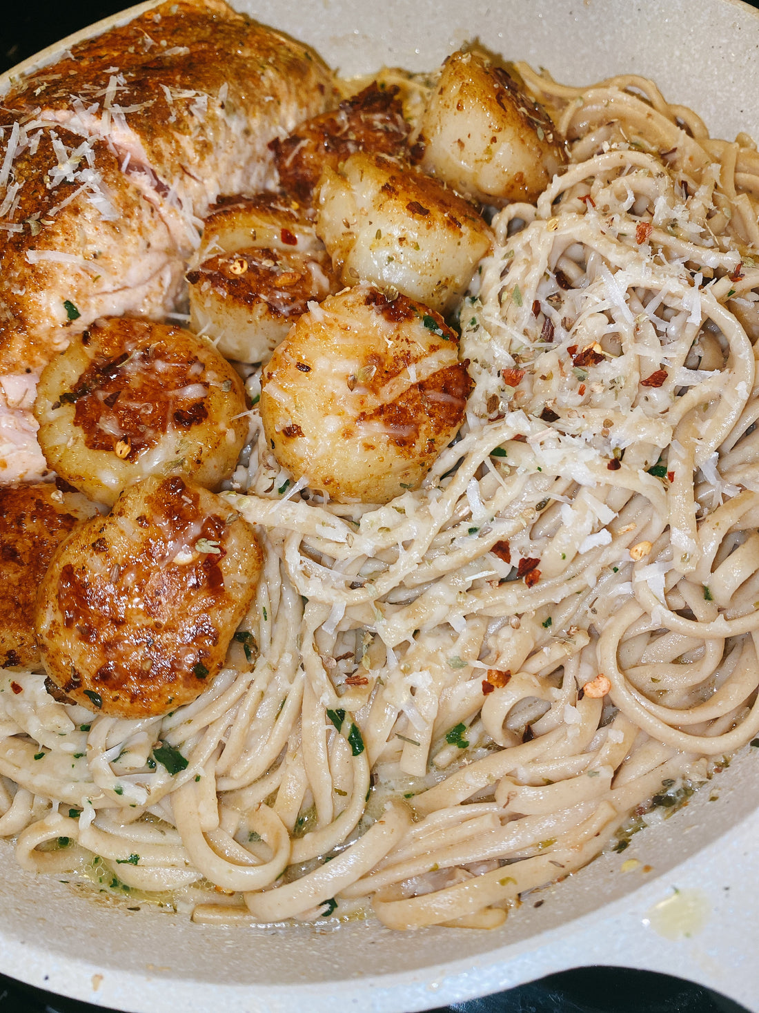 Linguini Vongole with Seared Scallops and Salmon